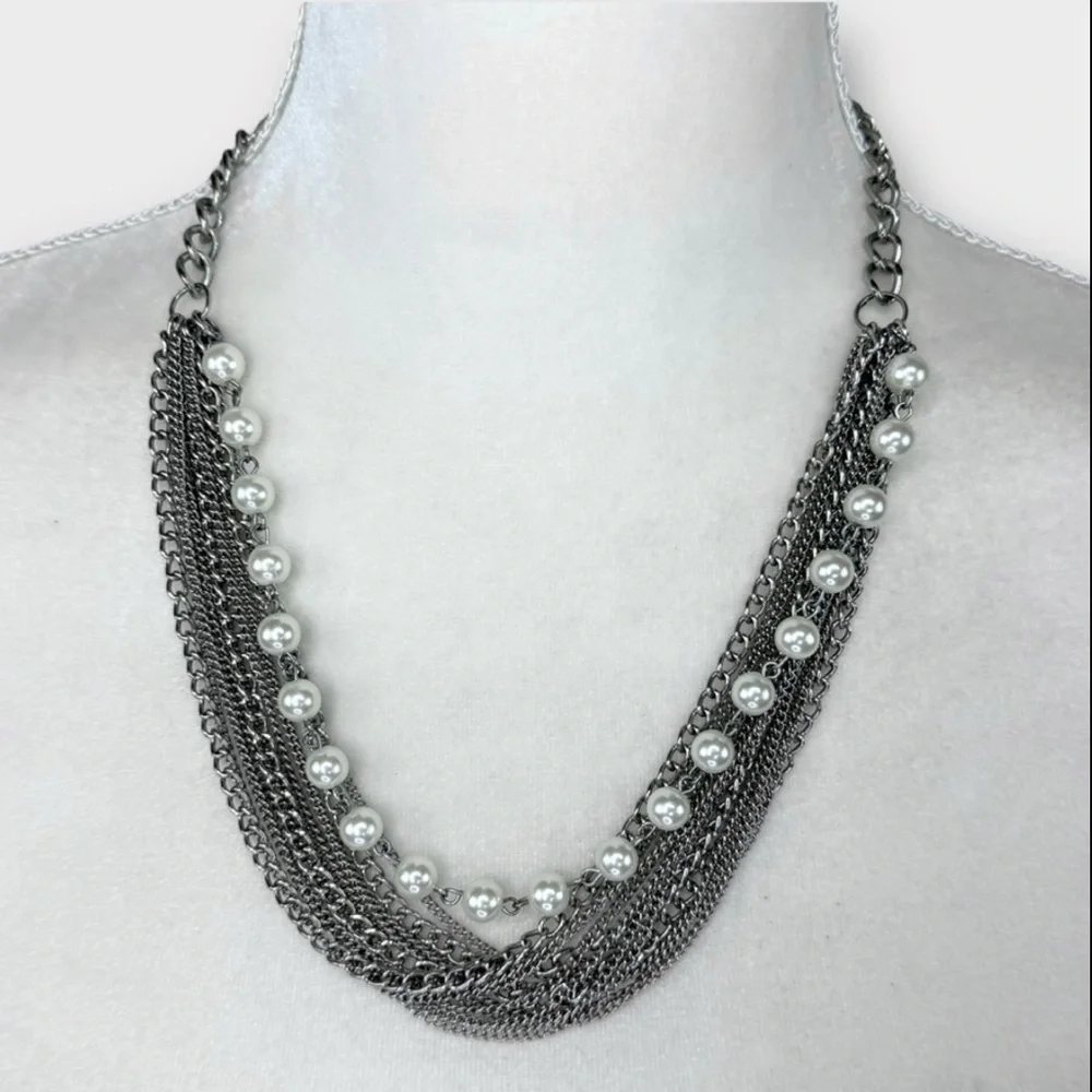 Silver and White Pearl Layered Necklace with Twist Design Thick Multi-strand EUC